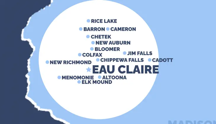 Eau Claire, WI Service Area map, FOREVER Exteriors